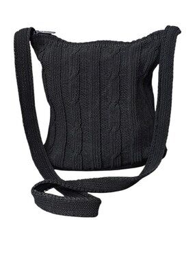 Vintage Carlo D’Santi Black Cable Knit Boho Crochet Crossbody Bag W/Coin Purse